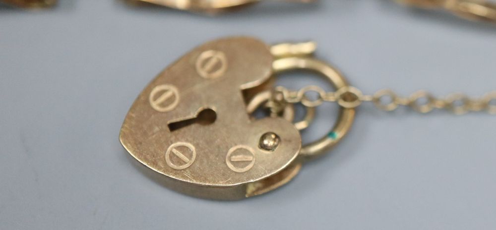 An Italian 14k fancy link bracelet(a.f.) 16.5cm and a 9ct gold gatelink bracelet with padlock clasp, gross 15.5g.